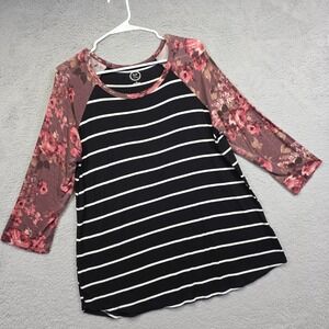 Maurices Top Womens XL Black 24/7 Raglan Floral Striped Relaxed Flowy Boho Tunic